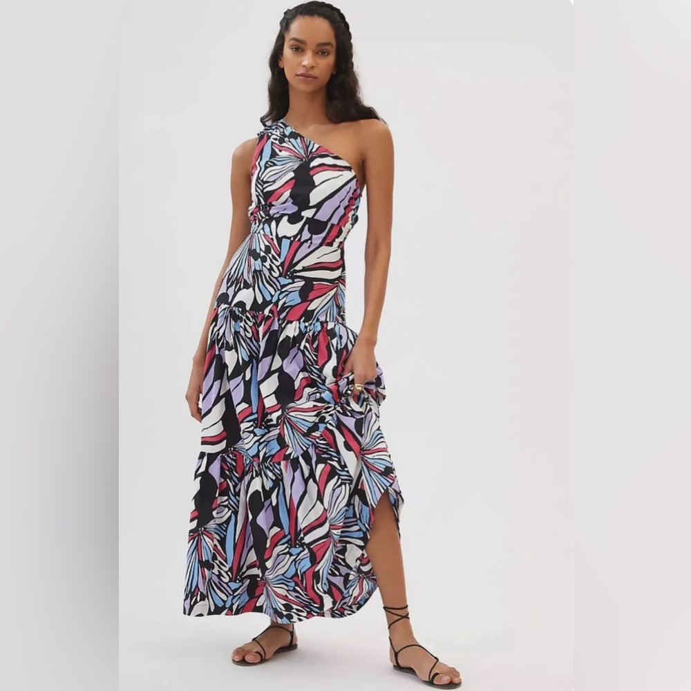 Anthropologie Maeve One-Shoulder Maxi Dress with abstract butterfly print.